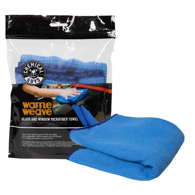 One Day Deal Chemical Guys Waffle Weave Glass and Window Microfiber Towel, Blue 24" x 16"