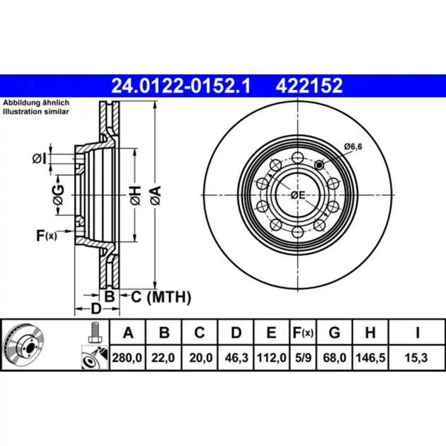 Genuine ATE Rear Disc Brake Rotor - 8E0615301P