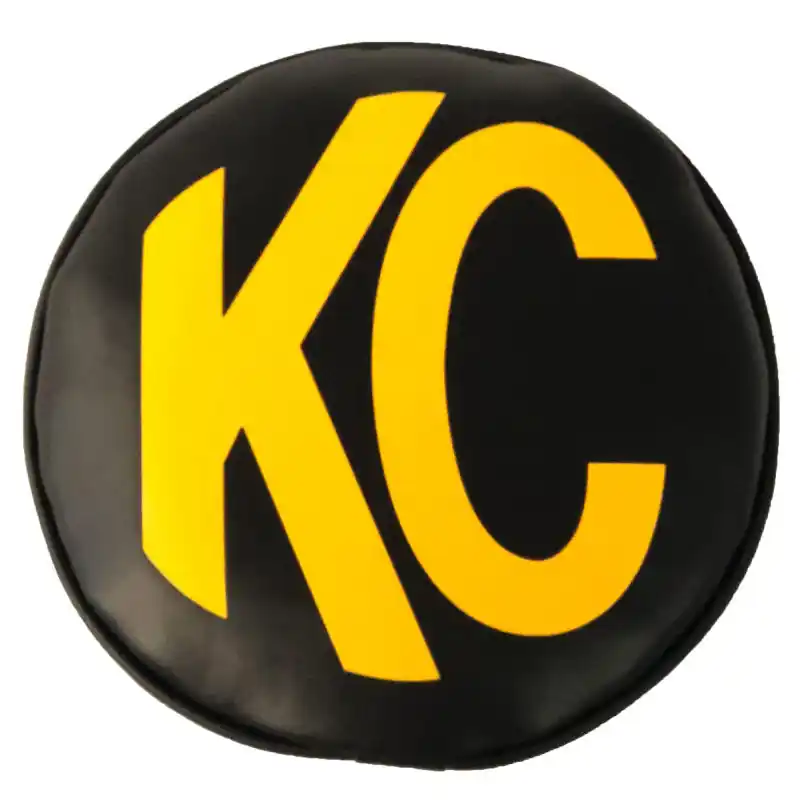 Free Returns KC HiLiTES 8in. Round Soft Cover (Pair) - Black w/Yellow KC Logo