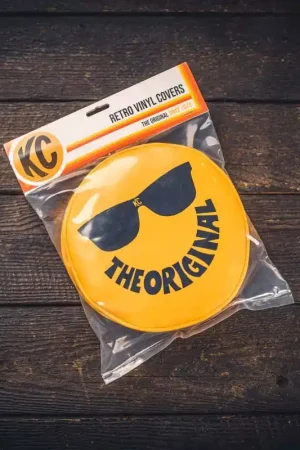 KC HiLiTES Retro 8in Round Yellow Vinyl Light Cover w/ Black KC The Original Logo (Pair) While Supplies Last